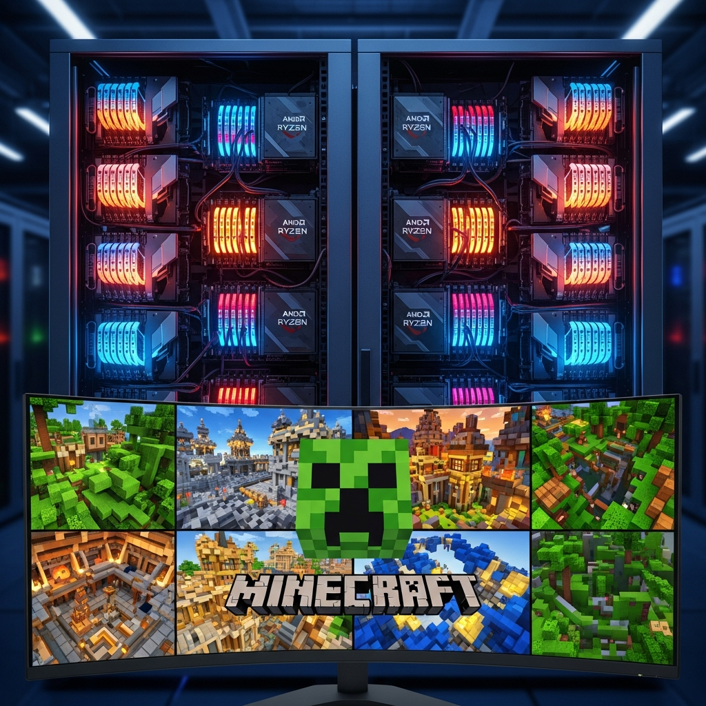 Fotorealistischer Blick auf einen modernen Server-Rack mit leuchtenden AMD Ryzen 9 Prozessoren und DDR5-RAM-Modulen, im Vordergrund ein Monitor mit dem Minecraft-Logo und bunten Minigame-Arenen im Hintergrund