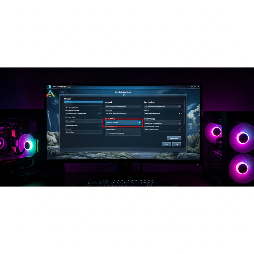 Fotorealistischer Screenshot eines ARK: Survival Evolved Non-Dedicated Server-Einrichtungsmenüs, geöffnet auf einem modernen Gaming-PC mit sichtbaren Netzwerk- und Port-Einstellungen, dunkler UI-Hintergrund, präzise Schärfe auf den Konfigurationsfeldern
