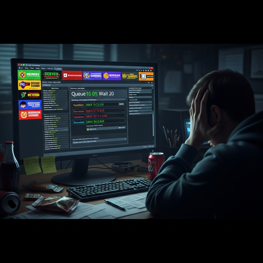 Fotorealistischer Screenshot eines überfüllten Minecraft-Server-Dashboards mit Warteschlangen-Anzeige, veraltete Benutzeroberfläche mit Werbebannern, frustrierter Spieler vor Monitor, dramatische Bürobeleuchtung, hohe Detailgenauigkeit, 4K-Qualität