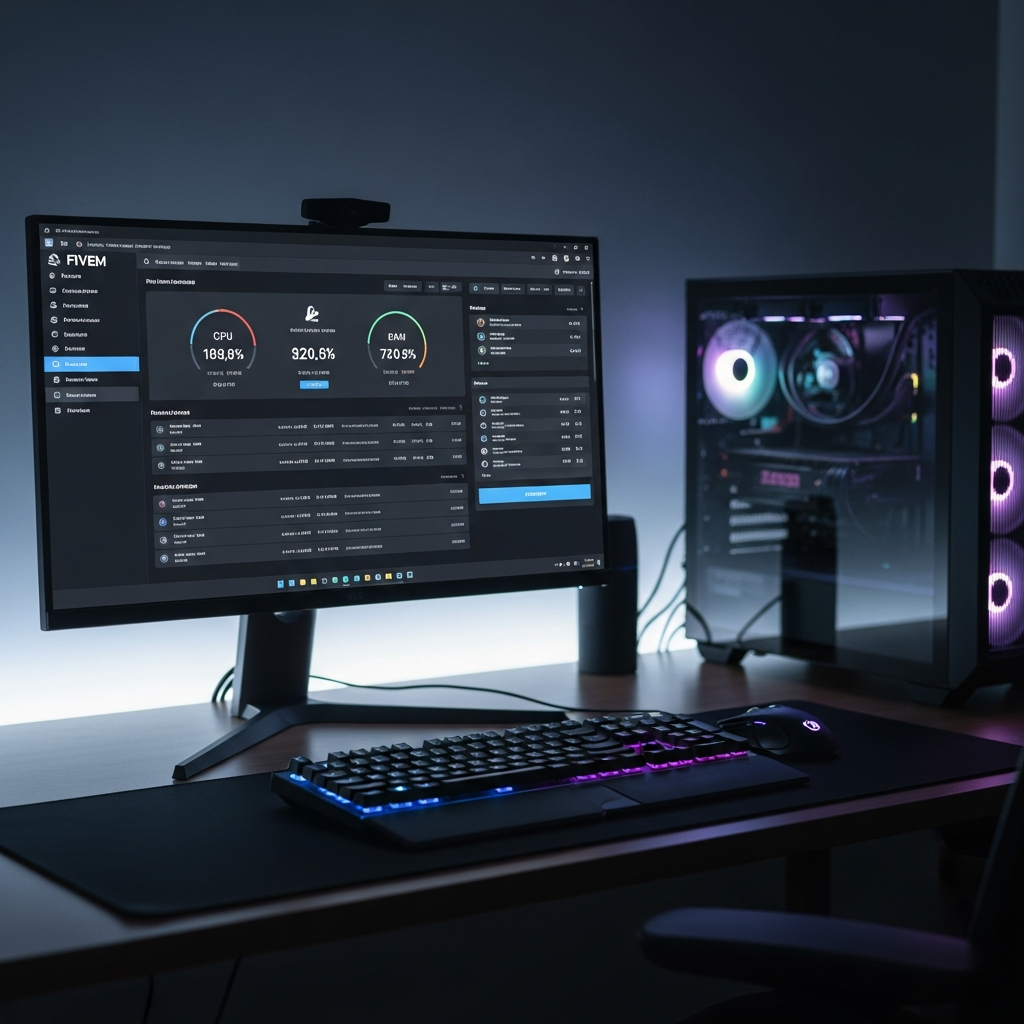 Fotorealistischer Screenshot eines modernen FiveM-Kontrollpanels auf einem 4K-Monitor, zeigt eine übersichtliche Server-Dashboard mit CPU-Auslastung, RAM-Belegung und einer Liste aktiver Spieler, im Hintergrund ein aufgeräumter Gaming-Schreibtisch mit RGB-Beleuchtung