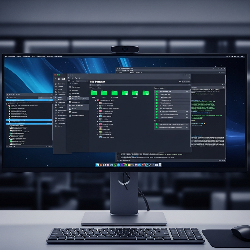 Fotorealistischer Screenshot eines modernen FiveM Control Panels auf einem hochauflösenden Monitor, mit geöffnetem File Manager, grünen Status-Indikatoren und der Konsole im Hintergrund, professionelle Büroumgebung mit Tastatur im Vordergrund