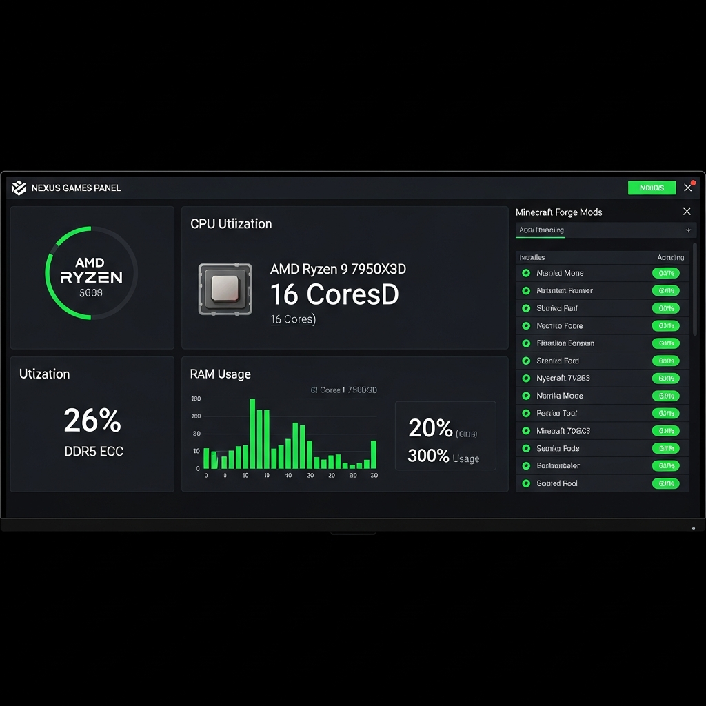 Fotorealistischer Screenshot eines modernen Server-Dashboards mit dem Nexus Games Panel, das die CPU-Auslastung eines AMD Ryzen 9 7950X3D bei 16 Kernen zeigt, RAM-Nutzung von DDR5 ECC Speicher, und eine Liste von installierten Minecraft Forge Mods mit grünen Status-Indikatoren auf einem dunklen Interface
