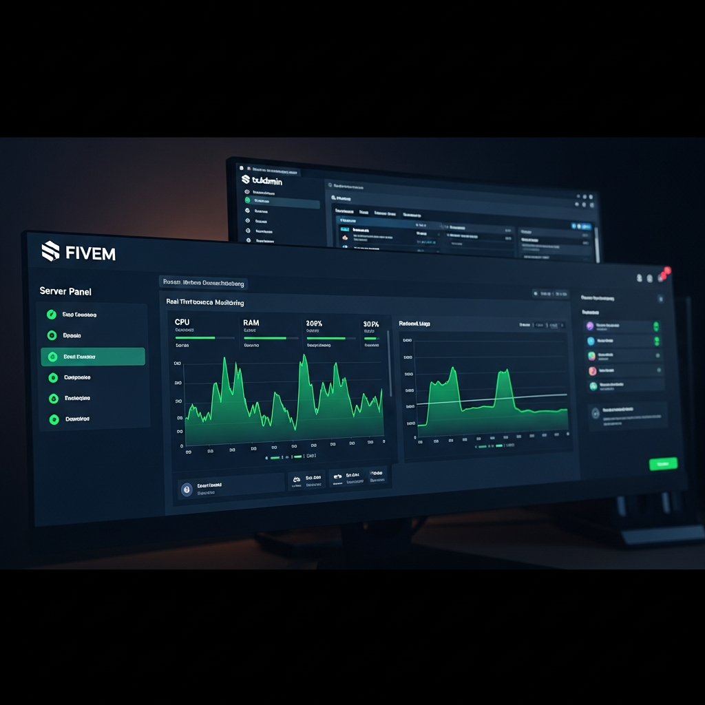 Fotorealistischer Screenshot eines modernen Server-Panels mit FiveM-Logo, Ressourcen-Monitoring-Grafiken (CPU, RAM, Netzwerk) in Echtzeit, dunklem UI-Design und leuchtenden grünen Statusanzeigen, im Hintergrund ein geöffnetes txAdmin-Dashboard auf einem 4K-Monitor