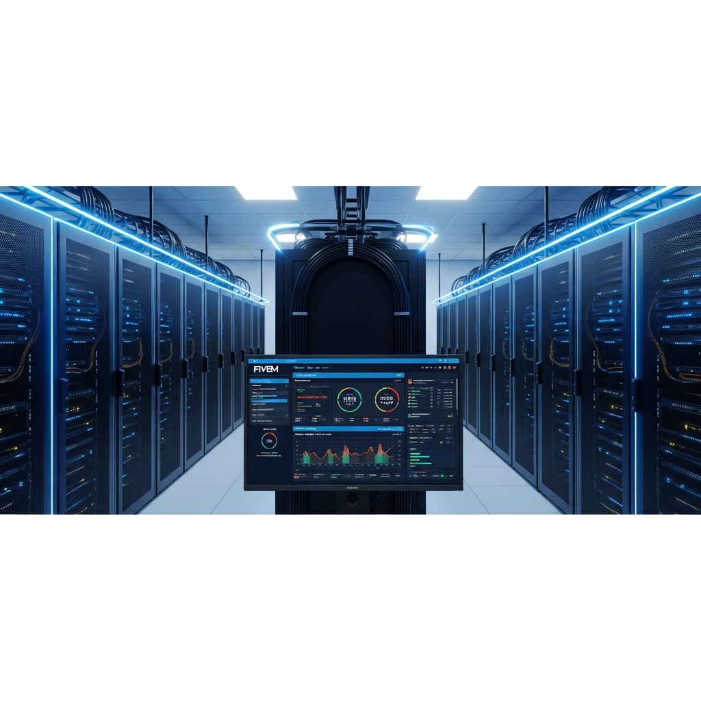 Fotorealistischer Server-Raum mit modernen Rack-Servern, blaue LED-Beleuchtung, im Vordergrund ein Monitor mit FiveM-Server-Dashboard und Performance-Metriken, professionelle Datacenter-Atmosphäre