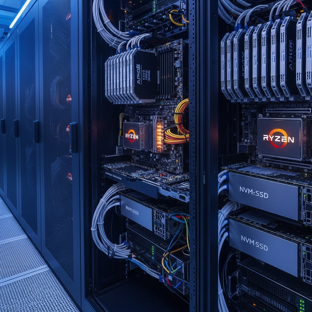 Fotorealistischer Serverraum mit modernen Rack-Servern, leuchtende AMD Ryzen Prozessoren und DDR5 RAM-Module im Detail sichtbar, blau-violette Beleuchtung, technische Atmosphäre, Kabelmanagement und NVMe-SSDs im Vordergrund