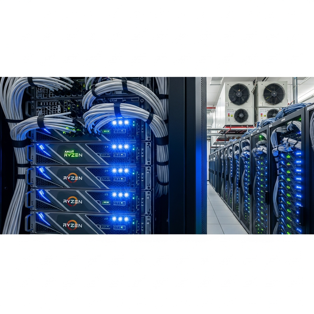 Fotorealistischer Serverraum mit modernen Rack-Servern, leuchtende LED-Anzeigen in Blau und Grün, organisierte Kabelführung, professionelle Datacenter-Umgebung mit Klimaanlage im Hintergrund, Detail-Fokus auf AMD Ryzen Server-Hardware