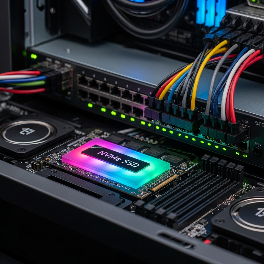 Fotorealistisches Bild eines geöffneten Gaming-Servers mit Fokus auf ein NVMe SSD Modul mit leuchtender RGB-Beleuchtung, im Hintergrund sichtbare Netzwerkkabel und Switch-Ports mit grün blinkenden Status-LEDs, technische Präzision und Schärfentiefe, professionelle Beleuchtung