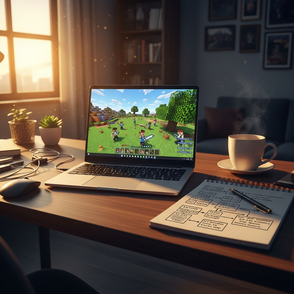 Fotorealistisches Bild eines geöffneten Laptops auf einem Schreibtisch, Bildschirm zeigt eine farbige Minecraft-Welt mit Spielern; daneben Notizblock mit handschriftlichen Server-Konfigurationen, Kaffeetasse und warmes Abendlicht durch ein Fenster; gemütliche, produktive Atmosphäre