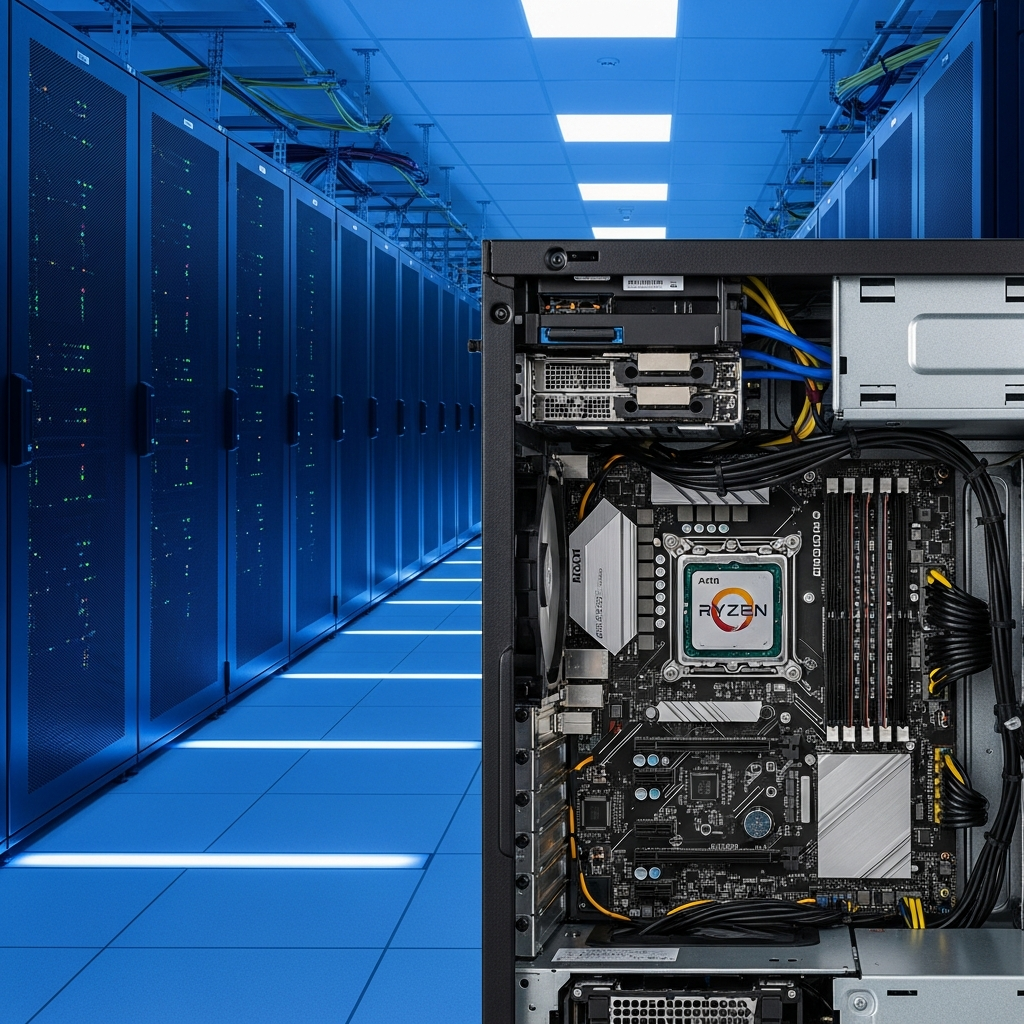 Fotorealistisches Bild eines modernen Rechenzentrums mit einer Reihe von Server-Racks, beleuchtet von blauen LED-Lichtern; im Vordergrund ein aufgeklappter Tower-Server mit sichtbarem AMD Ryzen 9-Prozessor und DDR5-RAM-Modulen; technische Atmosphäre, professionelle Beleuchtung