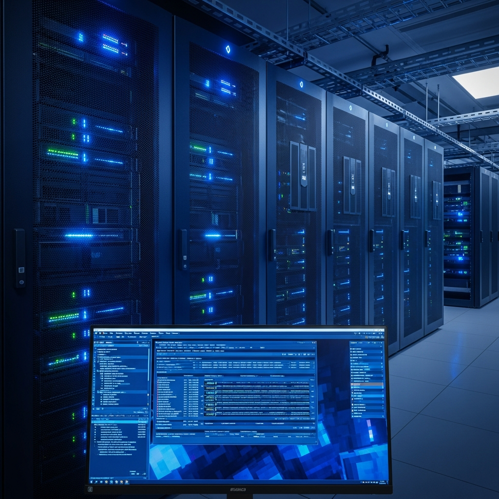 Fotorealistisches Bild eines modernen Server-Racks mit blau leuchtenden LEDs, im Vordergrund ein hochauflösender Monitor der eine Minecraft-Server-Konsole mit Sicherheitslogs und Firewall-Regeln anzeigt, professionelle Rechenzentrumsumgebung mit AMD-Prozessoren