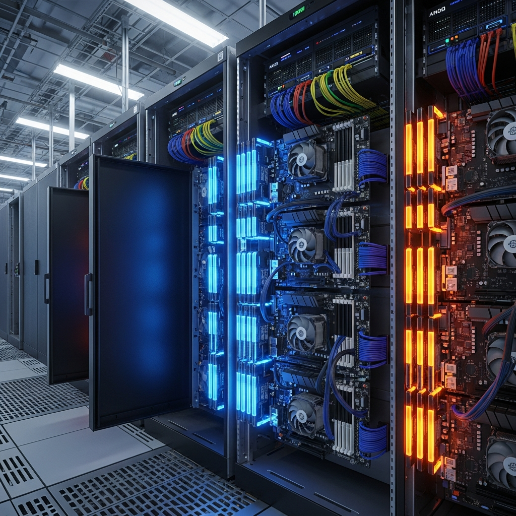 Fotorealistisches Bild eines modernen Serverracks mit AMD Ryzen 9 Prozessoren und leuchtenden DDR5 RAM-Modulen in einem professionellen Rechenzentrum, hochauflösend und technisch detailliert