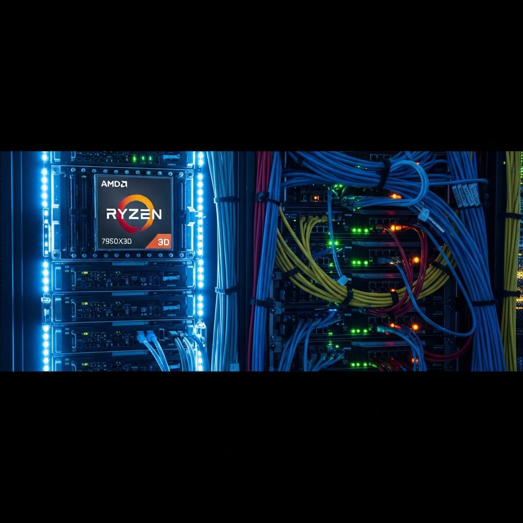 Fotorealistisches Bild eines modernen Serverracks mit glühenden blauen LED-Leuchten und AMD Ryzen 9 7950X3D Prozessor-Logo, im Hintergrund Netzwerkkabel und blinkende Status-LEDs eines Rechenzentrums