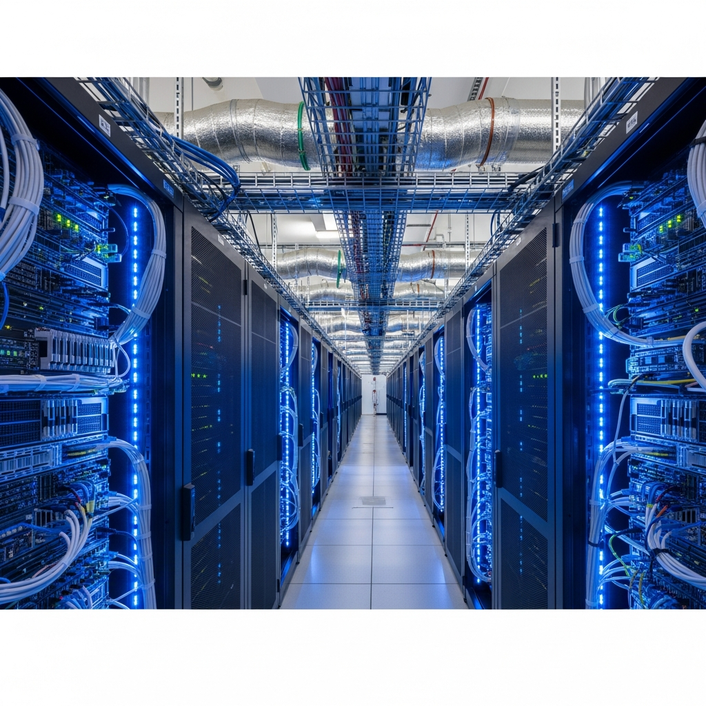 Fotorealistisches Rechenzentrum mit modernen Server-Racks, leuchtende blaue LED-Indikatoren, saubere Verkabelung, professionelle Kühlung sichtbar, High-Tech-Atmosphäre, scharfe Details der Hardware-Komponenten