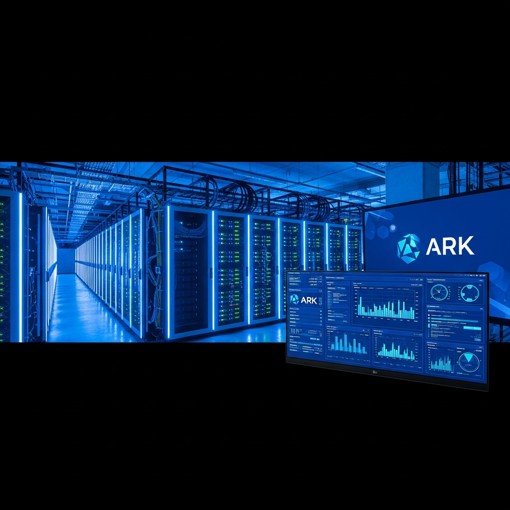 Fotorealistisches Rendering eines modernen Rechenzentrums mit beleuchteten Server-Racks, im Vordergrund ein Monitor zeigt das ARK-Logo und Performance-Dashboards, industrielle Atmosphäre mit blauen LED-Akzenten