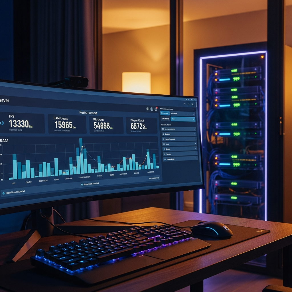 Gaming-Setup mit einem großen Monitor, der ein Minecraft-Serverinterface mit Performance-Graphen zeigt (TPS, RAM-Auslastung, Spieleranzahl), im Vordergrund eine mechanische Tastatur und Gaming-Maus, im Hintergrund ein modernes Serverrack durch ein Fenster sichtbar, warme Raumbeleuchtung, fotorealistisch