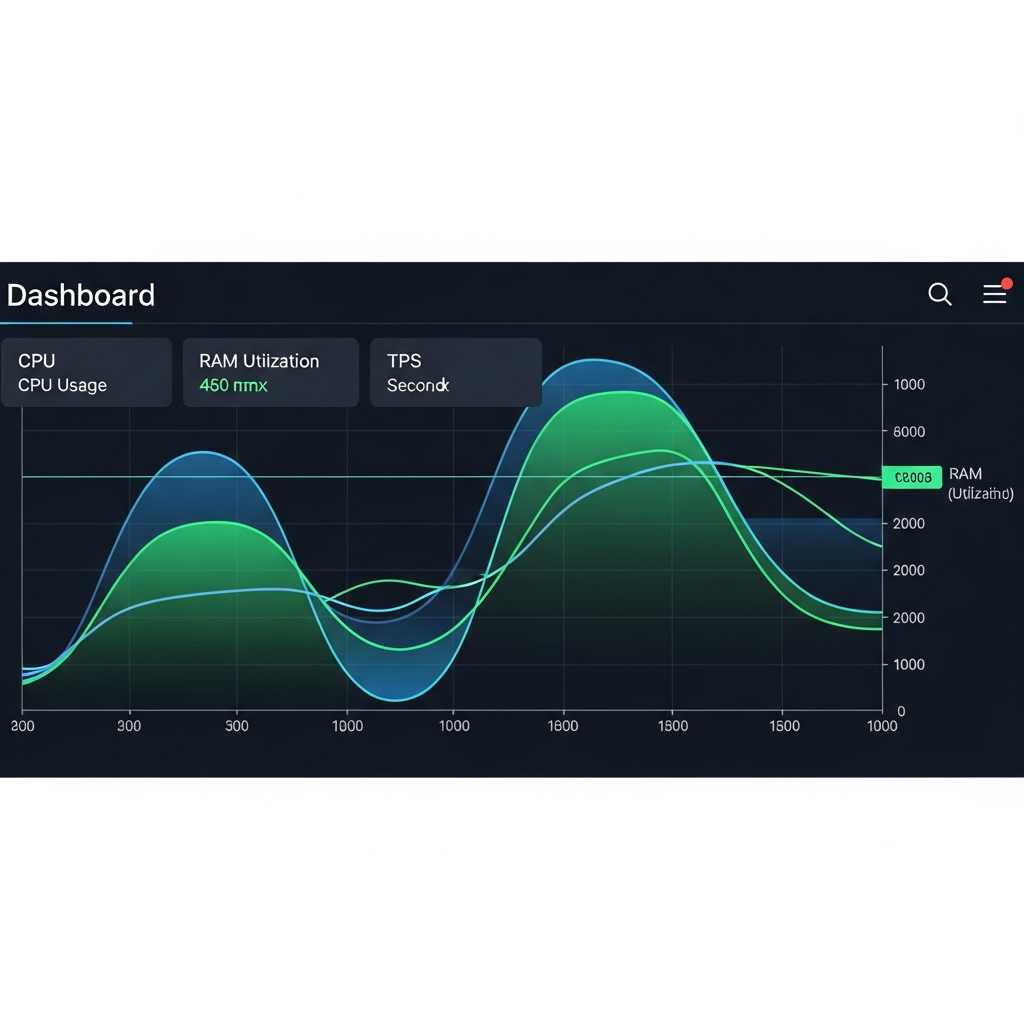 Grafisches Dashboard mit Echtzeitgraphen für CPU-Auslastung, RAM-Nutzung und TPS (Ticks per Second), leuchtende grüne und blaue Kurven, modernes UI, fotorealistisch, dunkler Hintergrund mit Akzentfarben