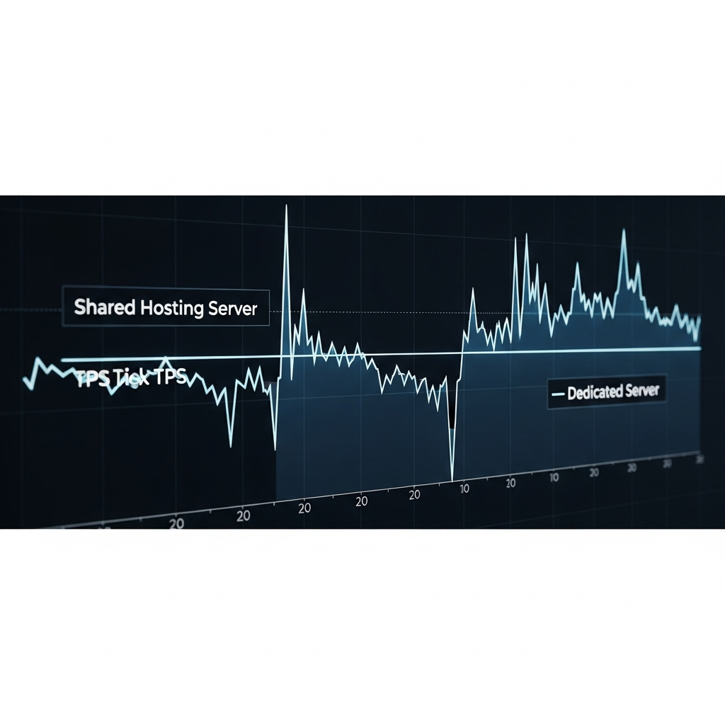 Graphique de comparaison des TPS sur deux serveurs Minecraft, l'un en hébergement partagé avec courbe instable et chutes brutales, l'autre en dédié avec ligne stable à 20 TPS, fond technique avec grille de mesure