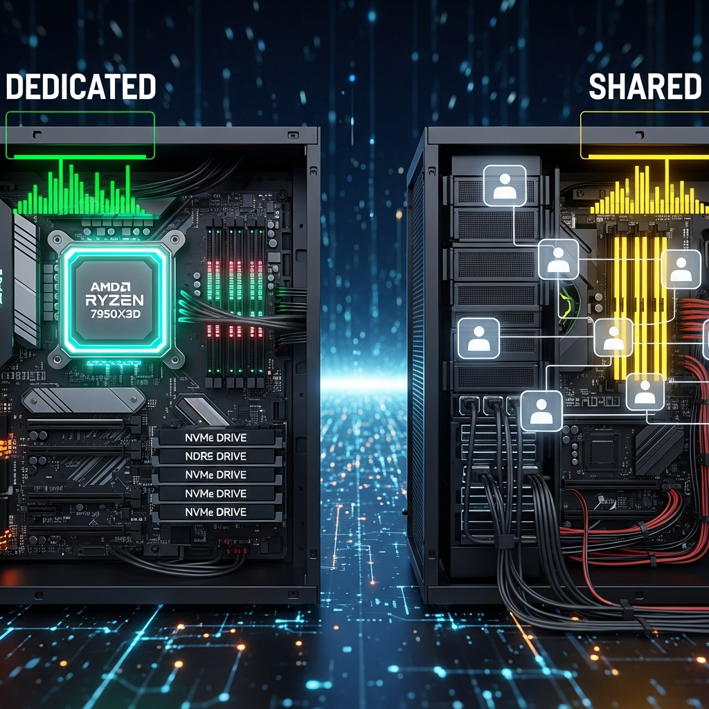 Gráfico comparativo fotorrealista en 3D mostrando dos torres de servidores lado a lado: la izquierda representa un servidor dedicado con componentes visibles iluminados (AMD Ryzen 9 7950X3D brillante, módulos DDR5 ECC con luces LED, unidades NVMe conectadas directamente), etiquetado "Dedicado" con indicadores verdes de rendimiento; la derecha muestra un servidor compartido con cables conectando a múltiples usuarios virtuales representados por iconos translúcidos, etiquetado "Compartido" con medidores amarillos fluctuantes, fondo tecnológico futurista con partículas de datos