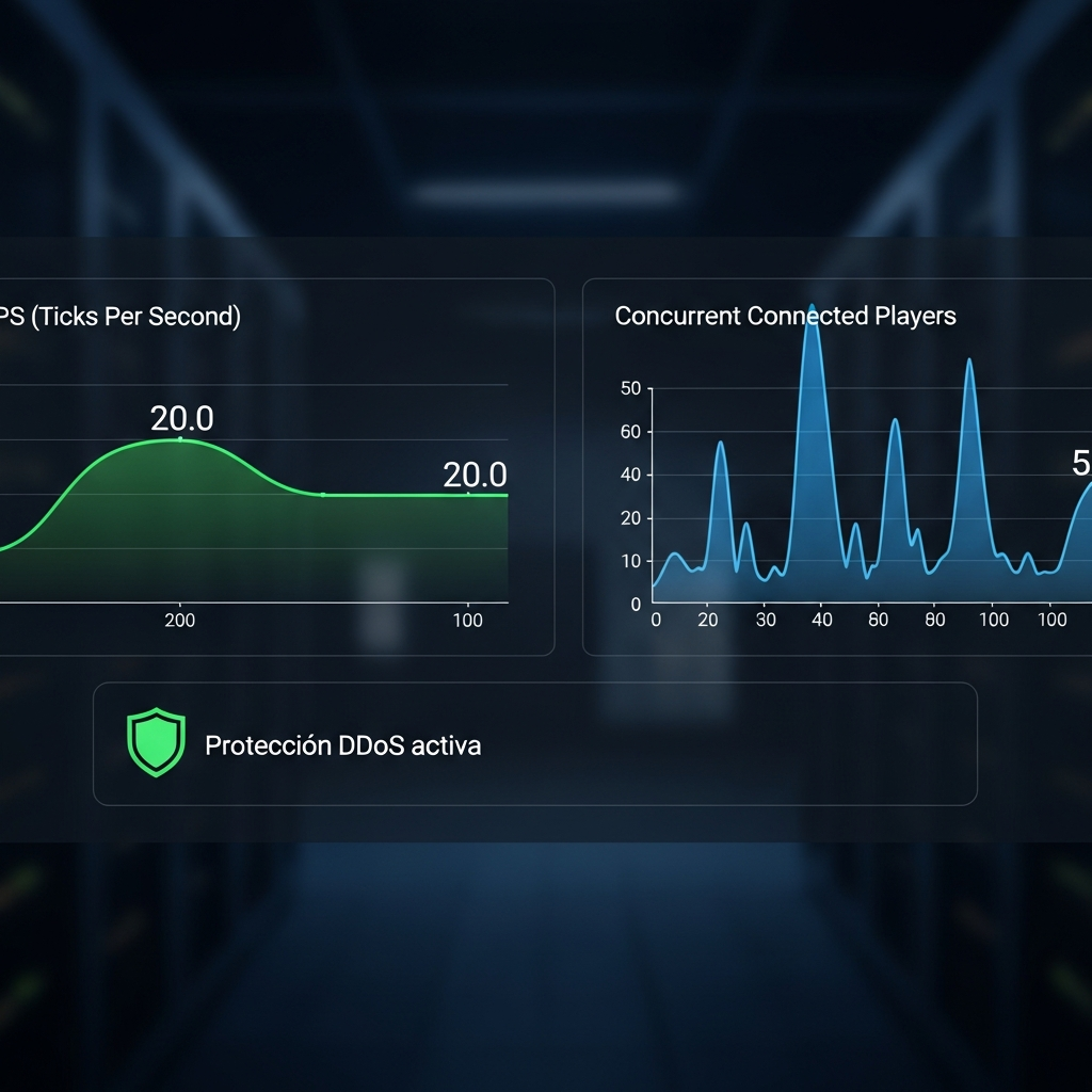 Gráfico de monitorización de servidor con fondo oscuro, líneas de TPS (ticks por segundo) en verde estable en 20.0, gráfico de jugadores conectados simultáneos en azul con picos de 50+ usuarios, panel de alertas de seguridad con escudo verde "Protección DDoS activa", estética fotorrealista de dashboard profesional