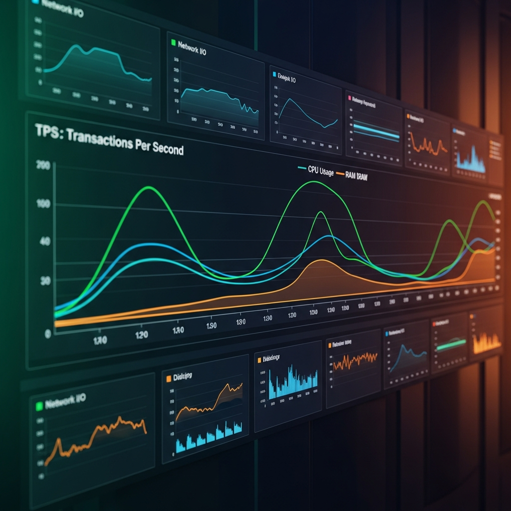 Gráfico de rendimiento de servidor mostrando líneas de TPS, uso de CPU y RAM a lo largo del tiempo, estilo dashboard profesional con múltiples paneles, gráficos de líneas suaves en colores verde, azul y naranja, fondo oscuro tipo panel de control de centro de datos, iluminación LED ambiental