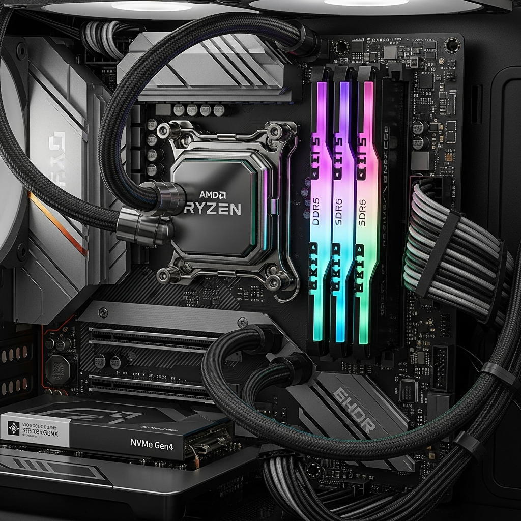 Gros plan photoréaliste d'un processeur AMD Ryzen 9 7950X3D monté sur carte mère, barrettes RAM DDR5 RGB illuminées, SSD NVMe Gen4 connecté, câblage propre et refroidissement liquide à LEDs, rendu technique ultra-détaillé