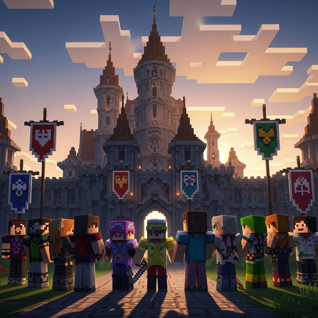 Groupe de joueurs Minecraft rassemblés devant une construction monumentale de château médiéval, ambiance conviviale avec personnages aux skins variés, ciel pixelisé au coucher du soleil, bannières de guilde visibles