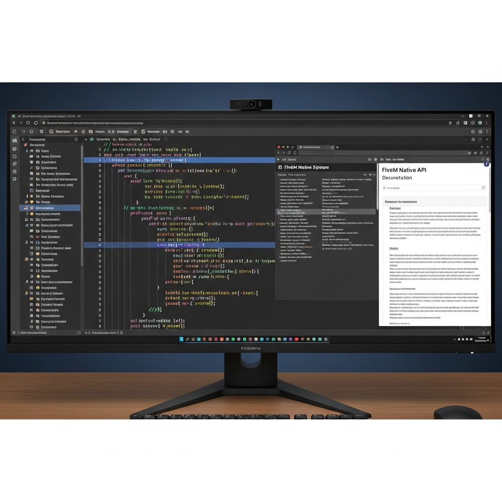 Hochauflösende Detailansicht eines Lua-Script-Editors auf einem 34-Zoll-Ultrawide-Monitor, zeigt farbig markierten Code für ein FiveM-Wirtschaftssystem mit Kommentaren und geöffneter FiveM-Native-API-Dokumentation im Browser daneben, professionelle Studio-Beleuchtung
