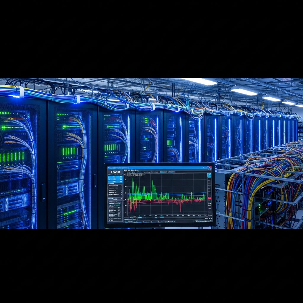 Hochauflösende Fotografie eines Rechenzentrums mit Rack-Servern, LED-Statusleuchten in Blau und Grün, strukturierten Netzwerkkabeln und im Vordergrund ein Monitor mit Live-Performance-Grafiken eines FiveM-Servers, professionelle Beleuchtung und technischer Fokus
