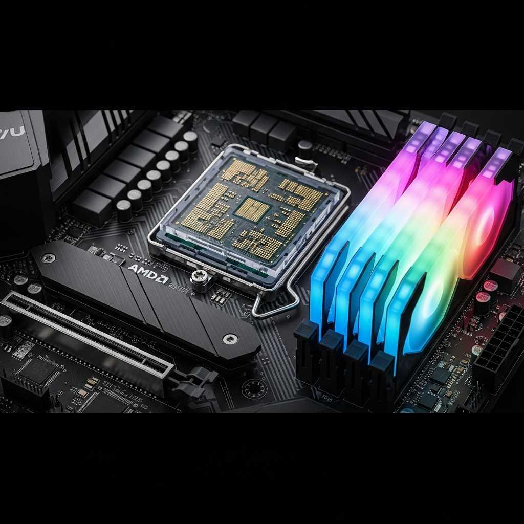 Hochauflösende Nahaufnahme eines AMD Ryzen 9 7950X3D Prozessors auf Mainboard mit RGB-RAM-Modulen, detaillierte Chip-Struktur sichtbar, technisch-professionelle Beleuchtung, symbolisiert Hochleistungs-Hardware für Gaming-Server