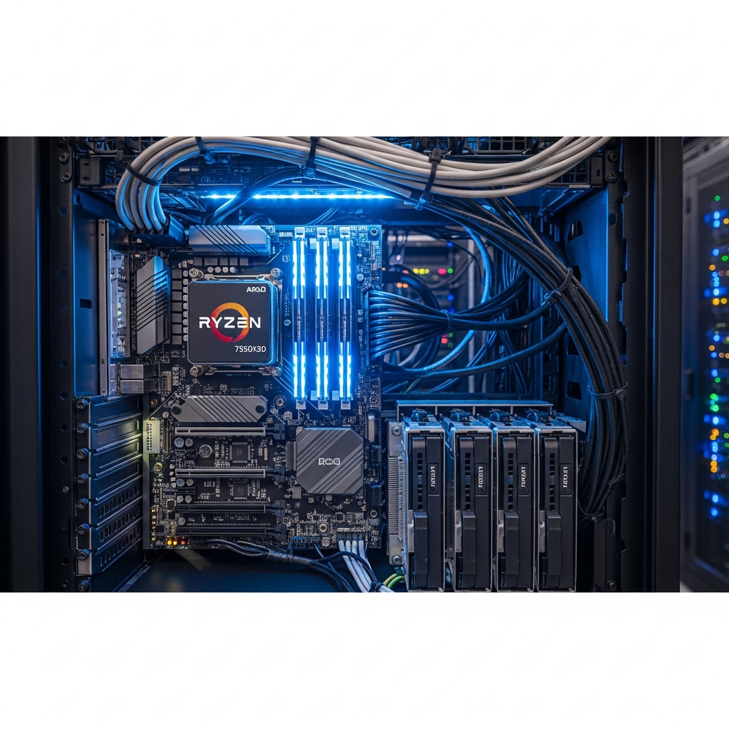 Hochdetailliertes Foto eines modernen Server-Racks mit AMD Ryzen 9 7950X3D Prozessor, leuchtende DDR5 ECC RAM-Module, NVMe SSD-Array, saubere Kabelführung, kühles blaues LED-Licht, professionelles Rechenzentrum-Ambiente, technische Perfektion, 8K-Detailgrad