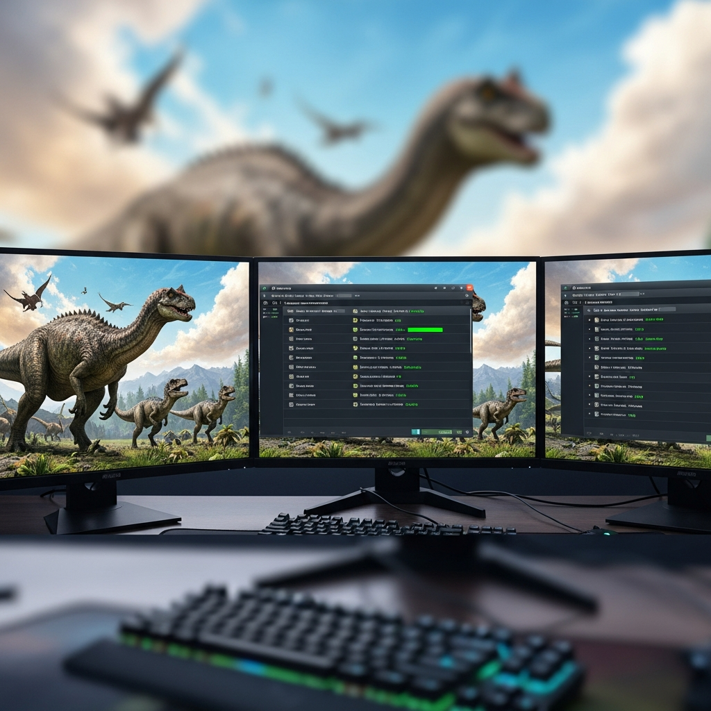 Illustration photoréaliste d'un écran de jeu ARK Survival Ascended affichant une liste de serveurs multijoueurs avec filtres de recherche actifs, ping affiché en vert pour les serveurs performants, et en arrière-plan flou un paysage ARK avec des dinosaures, prise de vue d'un joueur devant son setup gaming triple écran