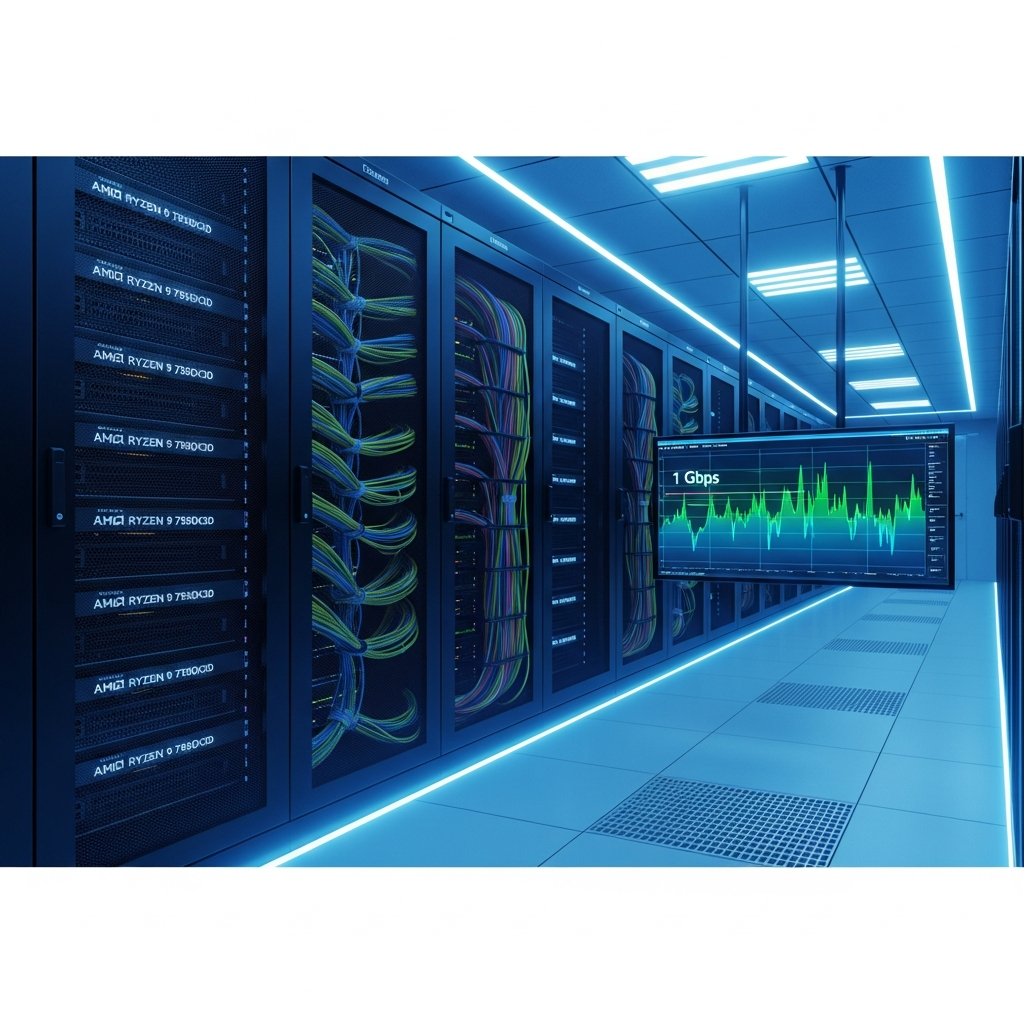 Illustration photoréaliste d'une salle serveur moderne avec racks contenant des serveurs AMD Ryzen 9 7950X3D, câbles réseau organisés, lumière LED bleue tamisée, écran affichant des graphiques de performance réseau 1 Gbps, ambiance high-tech professionnelle