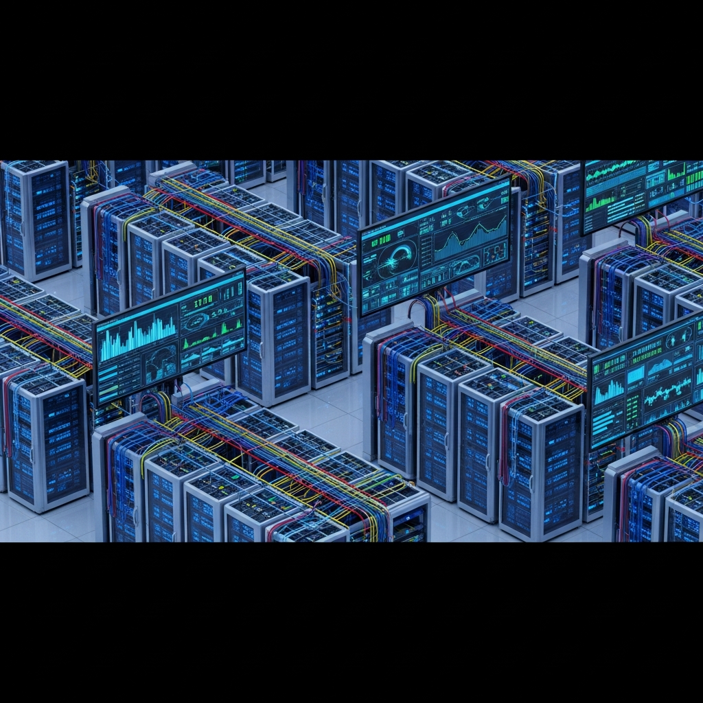Illustration photoréaliste en vue isométrique d'un datacenter moderne avec rangées de serveurs à LED bleues, câblage réseau structuré, écrans de monitoring affichant des métriques système et graphiques de performance, ambiance high-tech professionnelle