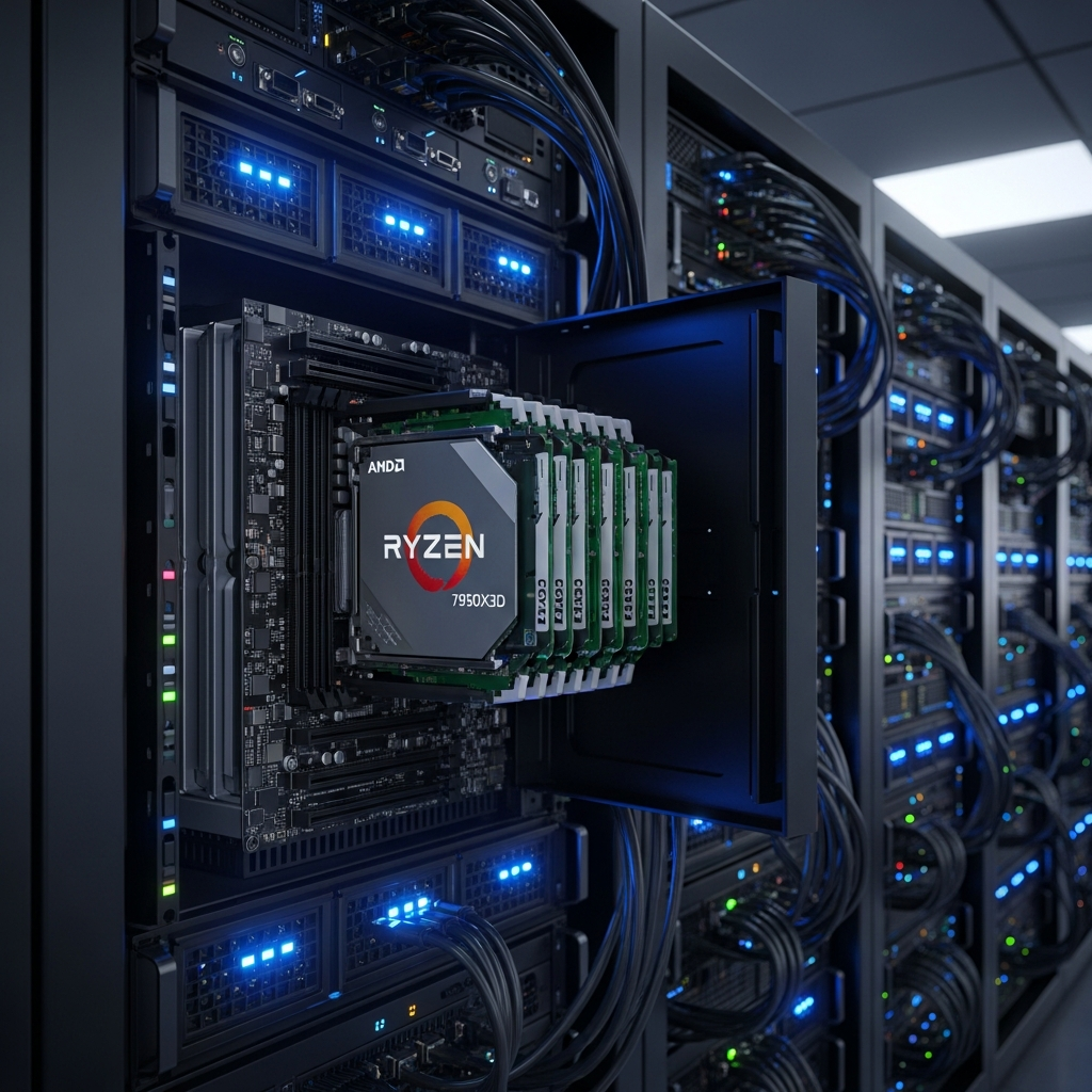 Ilustración técnica fotorrealista de un rack de servidores con luces LED azules, mostrando el hardware AMD Ryzen 9 7950X3D y módulos de RAM DDR5 instalados, en un centro de datos moderno con iluminación tenue y cables organizados