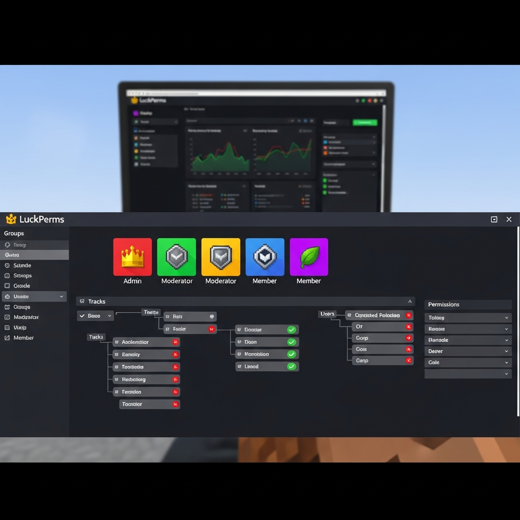 Imagen fotorrealista de una interfaz del plugin LuckPerms en Minecraft, mostrando la estructura de grupos jerárquicos con iconos de colores, permisos expandidos y la interfaz web moderna del plugin en segundo plano en un monitor