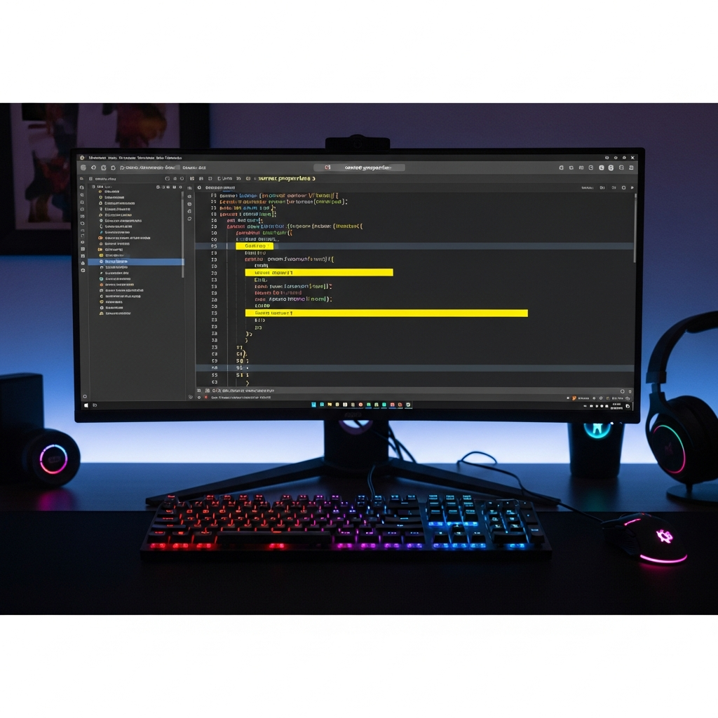 Imagen fotorrealista de un editor de código abierto mostrando el archivo server.properties de Minecraft con líneas resaltadas en amarillo, sobre un escritorio con teclado mecánico RGB y monitor gaming ultrawide
