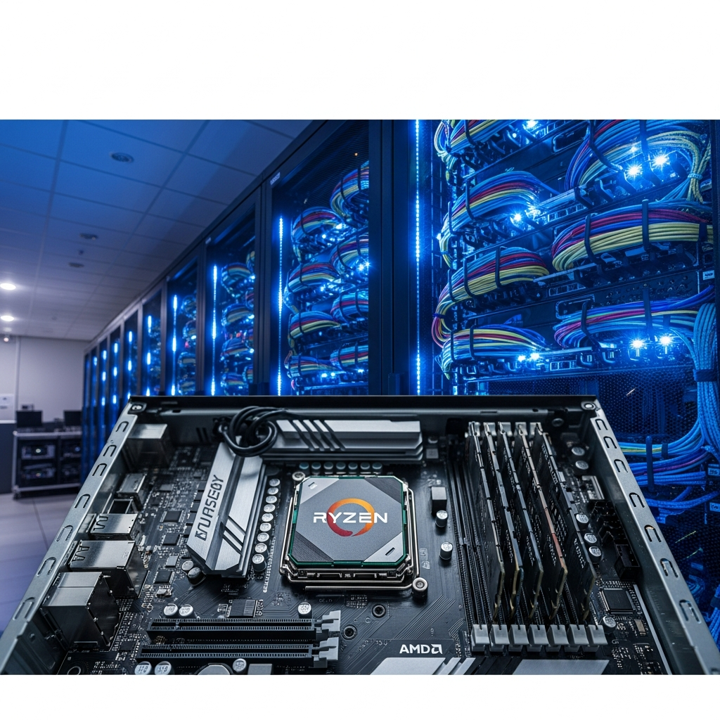 Imagen fotorrealista de un rack de servidores modernos en un centro de datos profesional, con luces LED azules, cables de red organizados, y primer plano de un servidor mostrando procesador AMD Ryzen 9 y módulos de RAM DDR5 instalados, ambiente de alta tecnología con iluminación fría