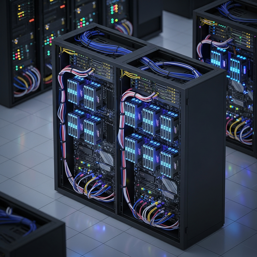 Imagen fotorrealista en perspectiva isométrica de un rack de servidor profesional con procesadores AMD Ryzen 9 7950X3D visibles, módulos de RAM DDR5 RGB iluminados en azul, unidades NVMe SSD conectadas a placa base de alto rendimiento, cables de red organizados y luces LED indicadoras, ambiente de datacenter limpio y moderno