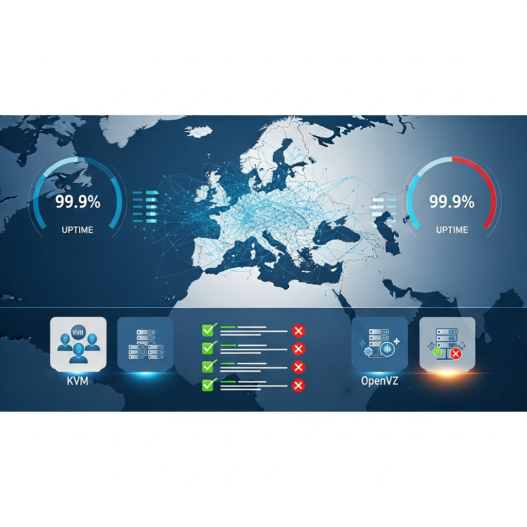 Infografía fotorrealista estilo dashboard con gráficos comparativos de latencia de red (mapas de Europa con líneas de conexión), medidores de uptime al 99.9%, iconos de tecnología KVM vs OpenVZ, checklist visual con marcas verdes y rojas, esquema de colores profesional azul y blanco, diseño limpio tipo presentación empresarial