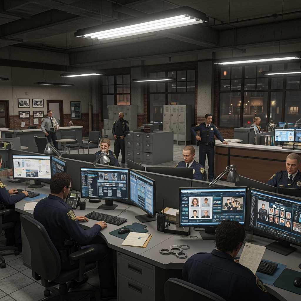 Interface du jeu GTA V modifiée par FiveM montrant un intérieur de commissariat de police roleplay avec plusieurs personnages en uniforme, écrans d'ordinateur affichant des bases de données, éclairage réaliste et détails immersifs