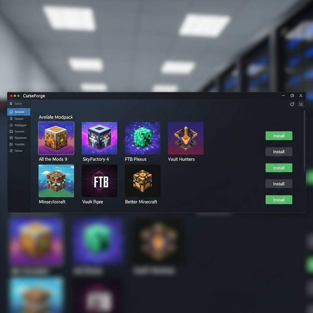 Interface graphique d'un panel de gestion de serveur Minecraft montrant la liste des modpacks CurseForge disponibles, design épuré avec vignettes colorées des packs populaires et boutons d'installation