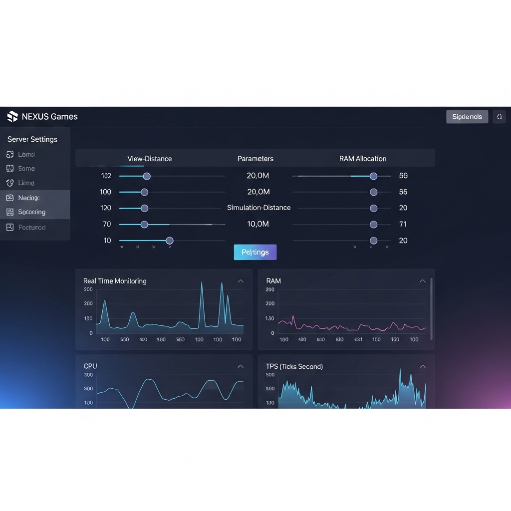 Interface graphique du panel Nexus Games affichant les réglages serveur Minecraft avec sliders pour view-distance, simulation-distance, allocation RAM, et graphiques de monitoring temps réel montrant CPU, RAM et TPS sur fond moderne épuré
