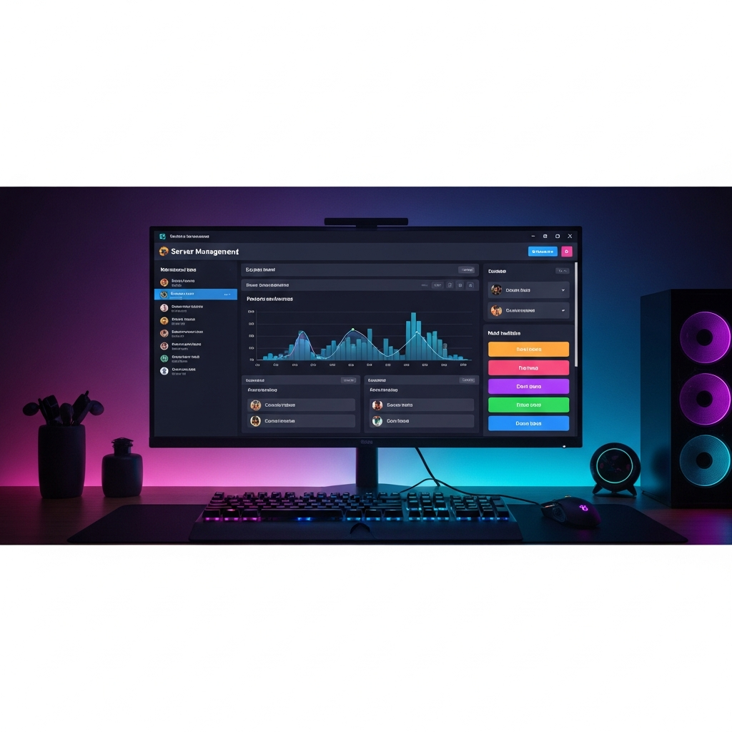 Interface moderne d'un panel de gestion de serveur Minecraft affichée sur un écran, design épuré avec graphiques de performances en temps réel, liste de joueurs connectés, boutons colorés pour l'installation de mods, ambiance lumineuse de bureau gaming, rendu photorealiste