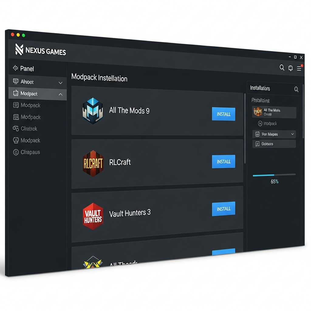 Interface photoréaliste du panel Nexus Games affichant la page d'installation de modpacks Minecraft, avec une liste de modpacks populaires (All The Mods 9, RLCraft, Vault Hunters 3) représentés par leurs logos officiels, des boutons "Installer" bleus et un indicateur de progression à 65% pour une installation en cours