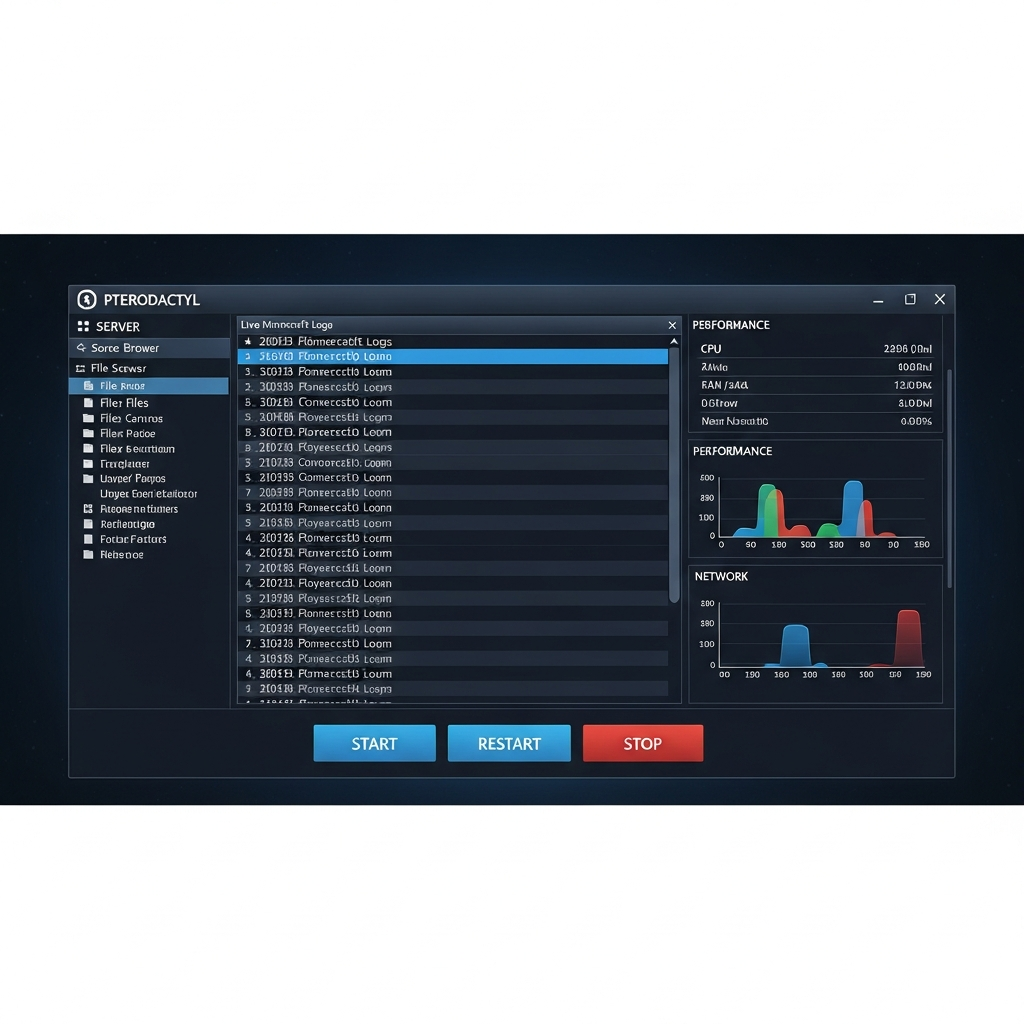 Interface photoréaliste du panel Pterodactyl affichant la console d'un serveur Minecraft en direct avec défilement de logs de connexion de joueurs, graphiques de performances en temps réel, liste des fichiers du serveur et boutons de contrôle (démarrer, redémarrer, arrêter), thème sombre moderne