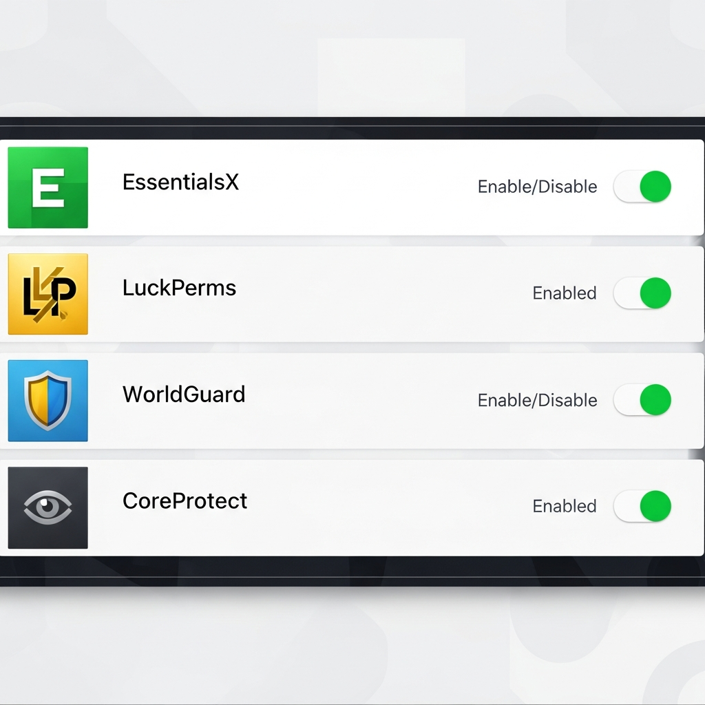Interface photoréaliste du panneau de gestion de plugins Minecraft, affichant une liste de plugins installés (EssentialsX, LuckPerms, WorldGuard, CoreProtect) avec boutons activer/désactiver et indicateurs de statut verts, design web moderne avec icônes colorées