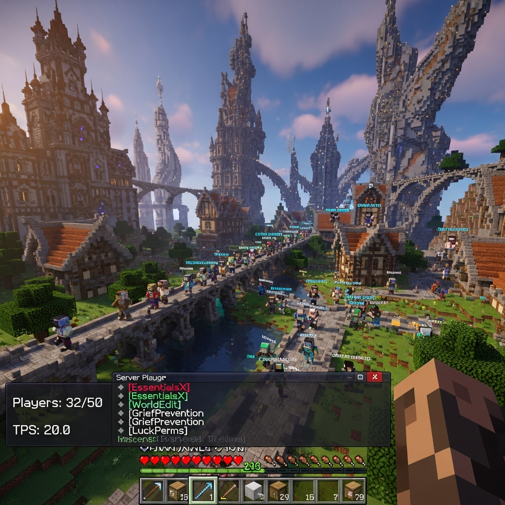 Interfaz de juego de Minecraft mostrando un servidor multijugador activo con 30+ jugadores conectados, construcciones complejas en background, indicadores de TPS en 20.0, lista de plugins visibles en chat, ambiente de servidor profesional con shaders activados