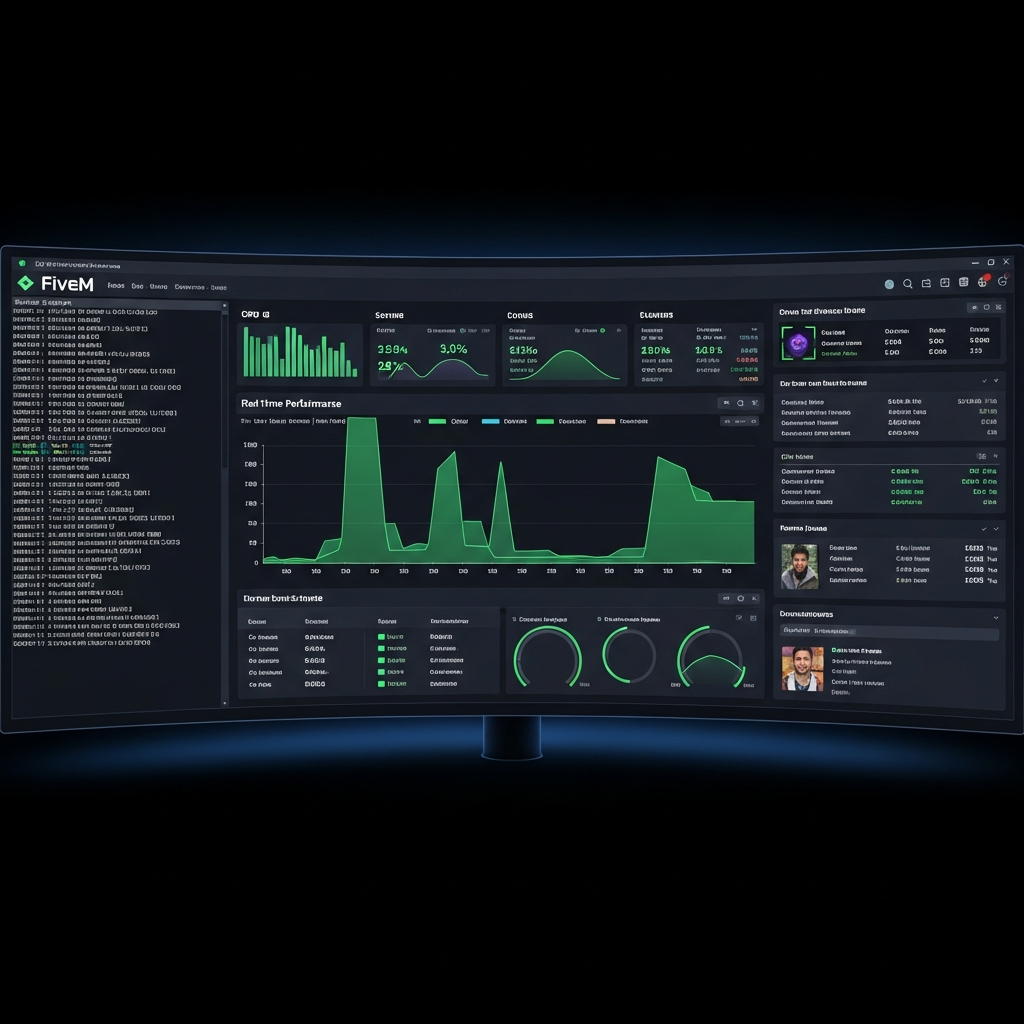 Interfaz de panel de control de servidor FiveM en monitor ultrawide, gráficos de rendimiento en tiempo real mostrando uso de CPU y RAM, terminal con logs de servidor, dashboard oscuro con elementos verde neón, vista detallada de métricas y estadísticas