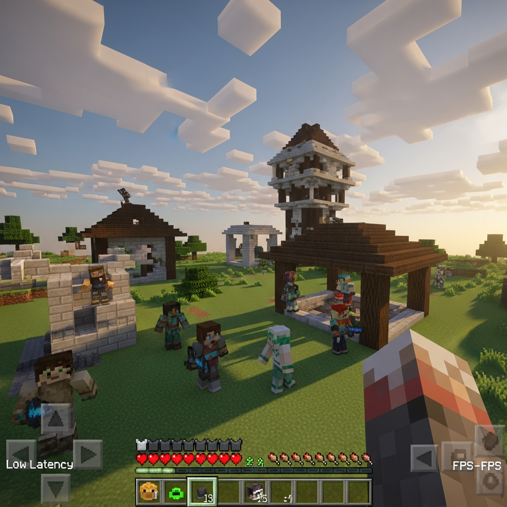 Jugador en primera persona observando un servidor Minecraft multijugador activo, construcciones modernas impresionantes con shaders realistas, varios jugadores con skins personalizados trabajando en edificios, cielo al atardecer con nubes volumétricas, interfaz del juego mostrando baja latencia y alto FPS