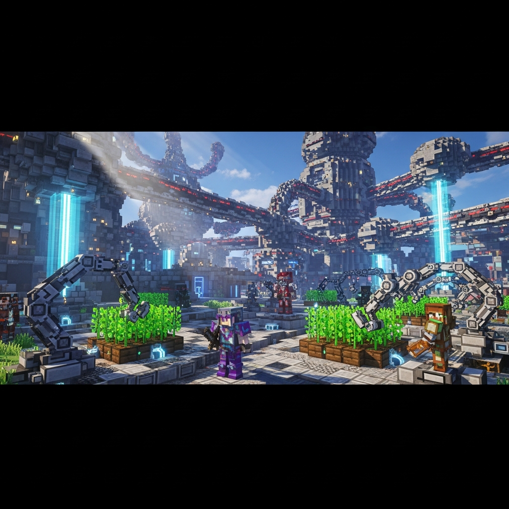 Minecraft-Gameplay-Screenshot mit komplexer Modpack-Umgebung, futuristische technische Maschinen, Energie-Leitungen, automatisierte Farmen, detaillierte Texturen, mehrere Spieler-Charaktere sichtbar, dynamische Beleuchtung und Shader-Effekte, epische Build-Atmosphäre